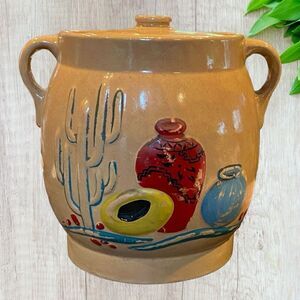 Vintage Stoneware Cookie Jar Crock Western SouthWest  8 1/8"